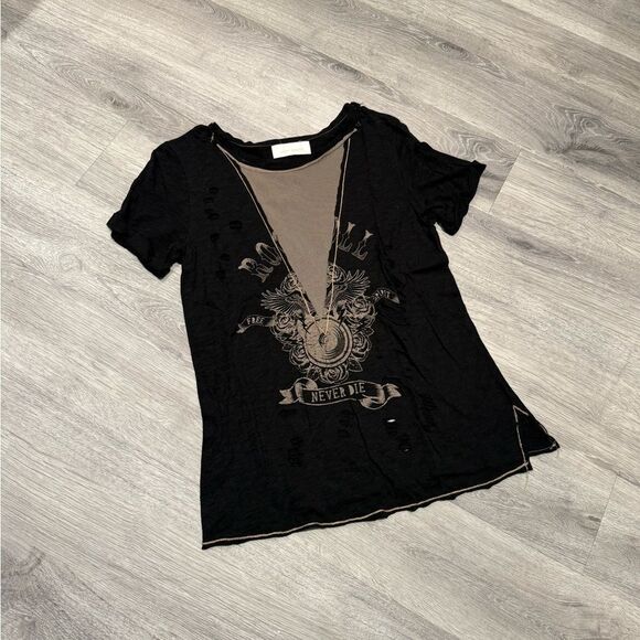 Oober Swank Black Rocker Graphic Women's Top with mesh cleavage - Picture 1 of 6